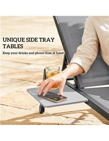 Outsunny Sun Loungers Set of 2 with Side Tray Table, Garden Recliners with 5-Position Adjustable Backrest, 2 Wheels, Grey