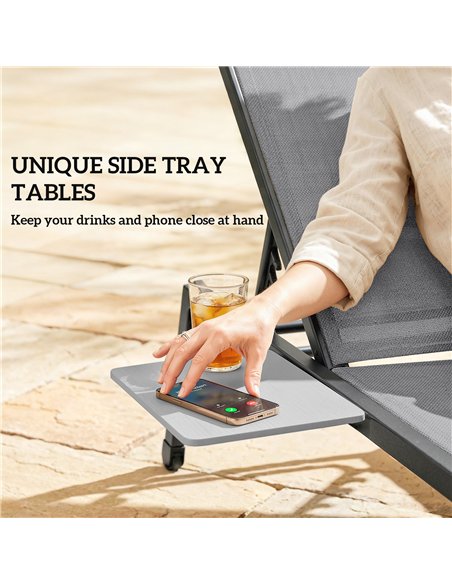Outsunny Sun Loungers Set of 2 with Side Tray Table, Garden Recliners with 5-Position Adjustable Backrest, 2 Wheels, Grey - pic 189853 | FastDaddyshop