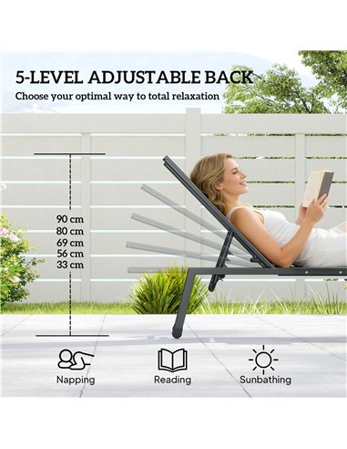 Outsunny Sun Loungers Set of 2 with Side Tray Table, Garden Recliners with 5-Position Adjustable Backrest, 2 Wheels, Grey