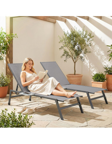 Outsunny Sun Loungers Set of 2 with Side Tray Table, Garden Recliners with 5-Position Adjustable Backrest, 2 Wheels, Grey