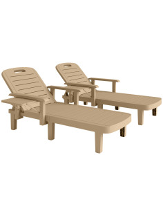 Outsunny Set of 2 Reclining Sun Loungers, 5 Positions Adjustable Outdoor Chaise Lounge Chair with Armrests, Khaki