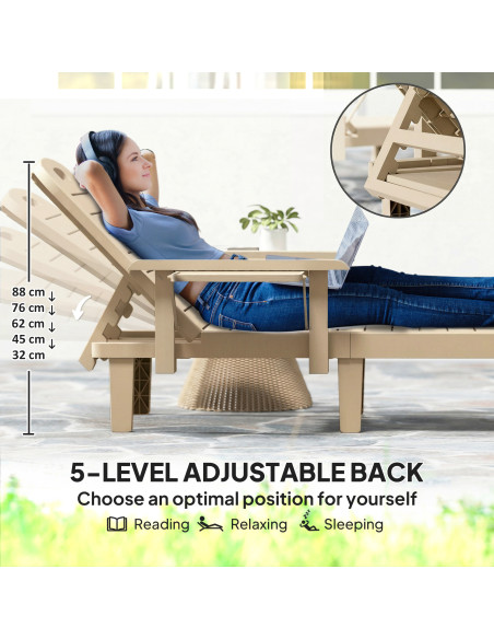 Outsunny Set of 2 Reclining Sun Loungers, 5 Positions Adjustable Outdoor Chaise Lounge Chair with Armrests, Khaki - pic 189862 | FastDaddyshop