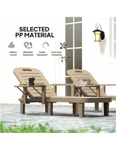 Outsunny Set of 2 Reclining Sun Loungers, 5 Positions Adjustable Outdoor Chaise Lounge Chair with Armrests, Khaki