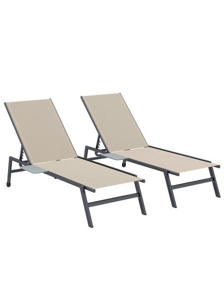 Outsunny Sun Loungers Set of 2 with Side Tray Table, Garden Recliners with 5-Position Adjustable Backrest, 2 Wheels, Khaki - pic 189868 | FastDaddyshop