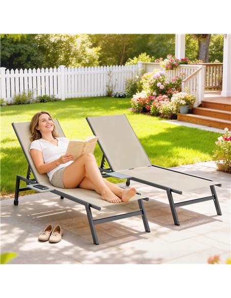 Outsunny Sun Loungers Set of 2 with Side Tray Table, Garden Recliners with 5-Position Adjustable Backrest, 2 Wheels, Khaki - pic 189869 | FastDaddyshop