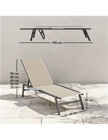 Outsunny Sun Loungers Set of 2 with Side Tray Table, Garden Recliners with 5-Position Adjustable Backrest, 2 Wheels, Khaki