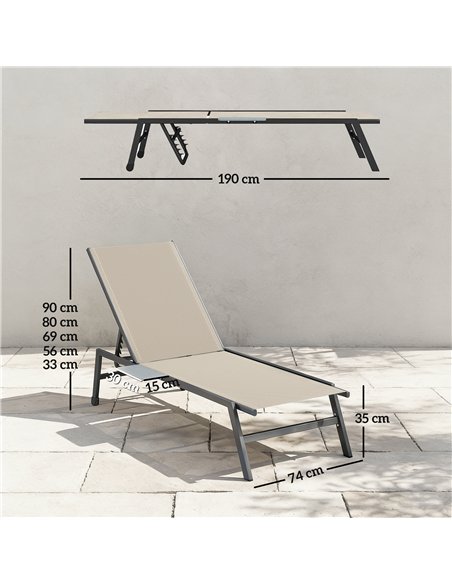 Outsunny Sun Loungers Set of 2 with Side Tray Table, Garden Recliners with 5-Position Adjustable Backrest, 2 Wheels, Khaki - pic 189870 | FastDaddyshop