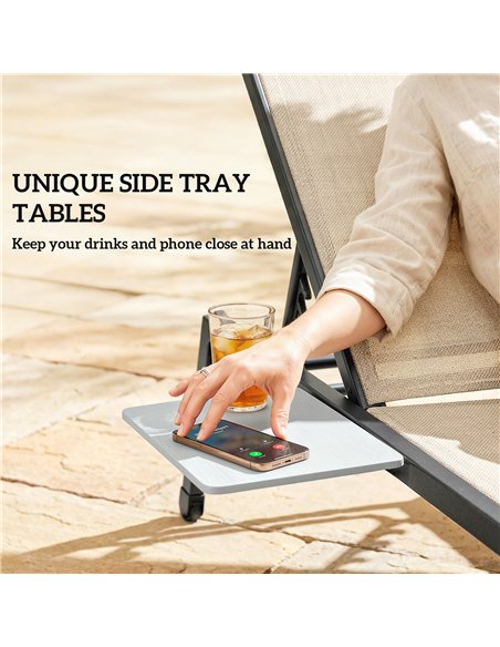 Outsunny Sun Loungers Set of 2 with Side Tray Table, Garden Recliners with 5-Position Adjustable Backrest, 2 Wheels, Khaki - pic 189871 | FastDaddyshop
