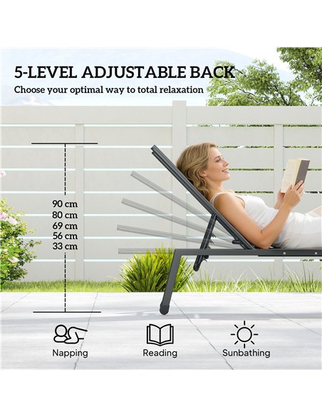 Outsunny Sun Loungers Set of 2 with Side Tray Table, Garden Recliners with 5-Position Adjustable Backrest, 2 Wheels, Khaki - pic 189872 | FastDaddyshop