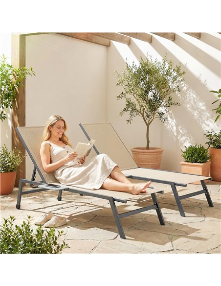 Outsunny Sun Loungers Set of 2 with Side Tray Table, Garden Recliners with 5-Position Adjustable Backrest, 2 Wheels, Khaki - pic 189876 | FastDaddyshop