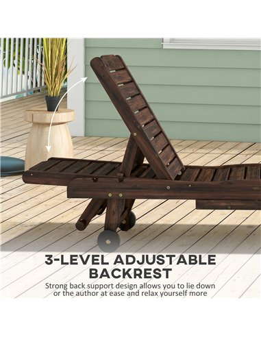 Outsunny Outdoor Wooden Sun Lounger with Built-In Table, Carbonised Finish