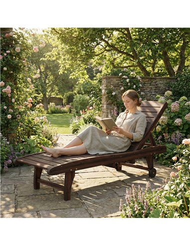 Outsunny Outdoor Wooden Sun Lounger with Built-In Table, Carbonised Finish