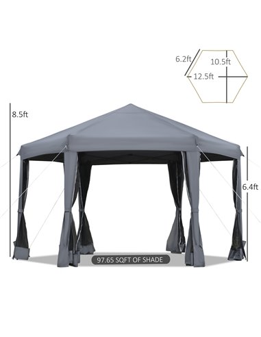 Outsunny 3.2x3.8m Pop Up Gazebo, Hexagonal Canopy Tent with Mesh Sidewalls, Handy Bag, Grey