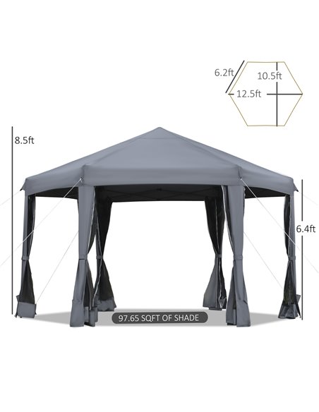 Outsunny 3.2x3.8m Pop Up Gazebo, Hexagonal Canopy Tent with Mesh Sidewalls, Handy Bag, Grey - pic 18990 | FastDaddyshop