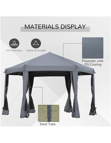 Outsunny 3.2m Pop Up Gazebo Hexagonal Canopy Tent Outdoor Sun Protection with Mesh Sidewalls, Handy Bag, Grey