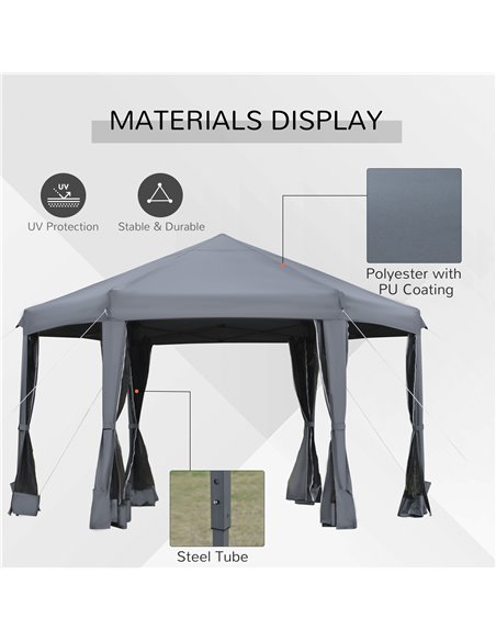 Outsunny 3.2m Pop Up Gazebo Hexagonal Canopy Tent Outdoor Sun Protection with Mesh Sidewalls, Handy Bag, Grey - pic 18992 | FastDaddyshop