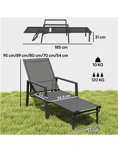 Outsunny Sun Lounger Retracable Footrest 5-Position Adjustable Steel Frame for Beach, Porch, Patio, Camping, Dark Grey