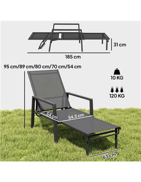 Outsunny Sun Lounger Retracable Footrest 5-Position Adjustable Steel Frame for Beach, Porch, Patio, Camping, Dark Grey - pic 189924 | FastDaddyshop