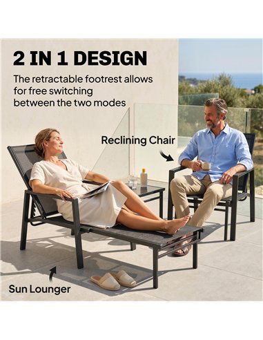 Outsunny Sun Lounger Retracable Footrest 5-Position Adjustable Steel Frame for Beach, Porch, Patio, Camping, Dark Grey