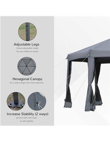 Outsunny 3.2m Pop Up Gazebo Hexagonal Canopy Tent Outdoor Sun Protection with Mesh Sidewalls, Handy Bag, Grey