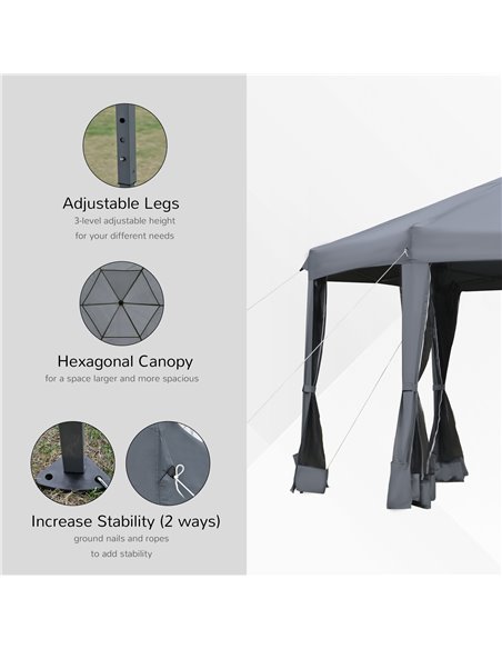 Outsunny 3.2m Pop Up Gazebo Hexagonal Canopy Tent Outdoor Sun Protection with Mesh Sidewalls, Handy Bag, Grey - pic 18993 | FastDaddyshop