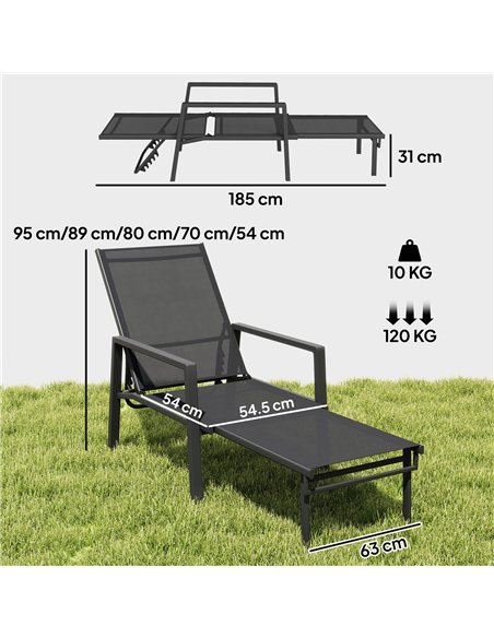 Outsunny Sun Loungers Set of 2 Retractable Footrest 5-Position Adjustable Steel Frame for Beach, Porch, Patio, Camping, Black - pic 189933 | FastDaddyshop