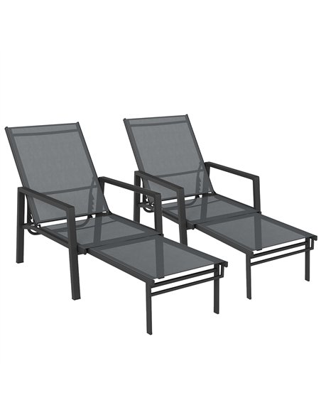 Outsunny Sun Loungers Set of 2 Retractable Footrest 5-Position Adjustable Steel Frame for Beach, Porch, Patio, Camping, Dark Gre - pic 189940 | FastDaddyshop