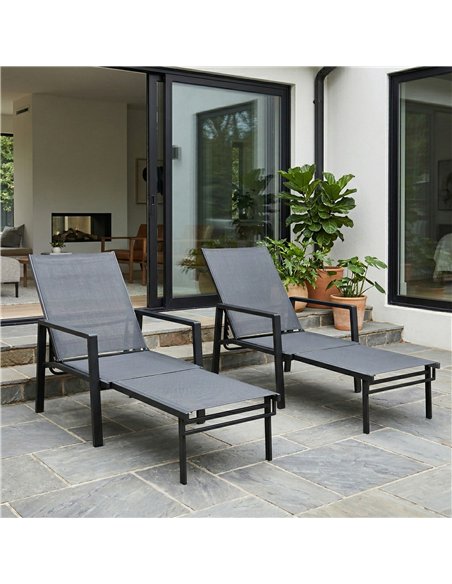 Outsunny Sun Loungers Set of 2 Retractable Footrest 5-Position Adjustable Steel Frame for Beach, Porch, Patio, Camping, Dark Gre - pic 189941 | FastDaddyshop