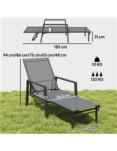 Outsunny Sun Loungers Set of 2 Retractable Footrest 5-Position Adjustable Steel Frame for Beach, Porch, Patio, Camping, Dark Gre