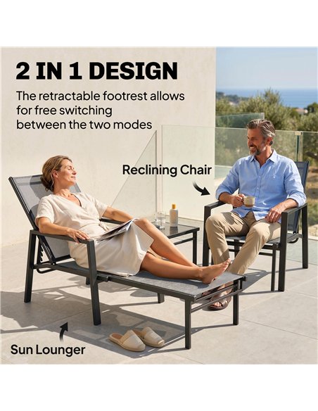 Outsunny Sun Loungers Set of 2 Retractable Footrest 5-Position Adjustable Steel Frame for Beach, Porch, Patio, Camping, Dark Gre - pic 189943 | FastDaddyshop