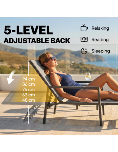 Outsunny Sun Loungers Set of 2 Retractable Footrest 5-Position Adjustable Steel Frame for Beach, Porch, Patio, Camping, Dark Gre