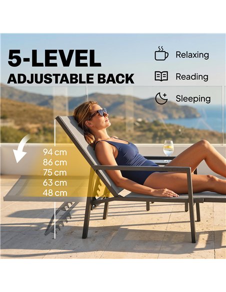 Outsunny Sun Loungers Set of 2 Retractable Footrest 5-Position Adjustable Steel Frame for Beach, Porch, Patio, Camping, Dark Gre - pic 189944 | FastDaddyshop