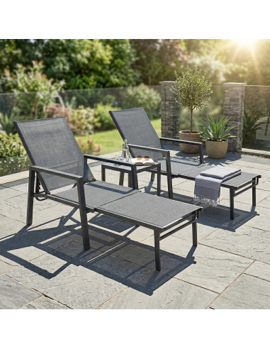 Outsunny Sun Loungers Set of 2 Retractable Footrest 5-Position Adjustable Steel Frame for Beach, Porch, Patio, Camping, Dark Gre