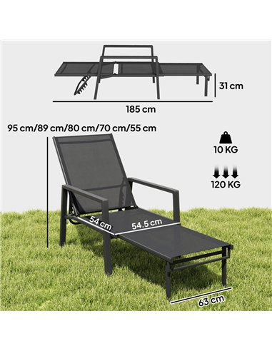 Outsunny Sun Lounger Retractable Footrest 5-Position Adjustable Steel Frame for Beach, Porch, Patio, Camping, Black