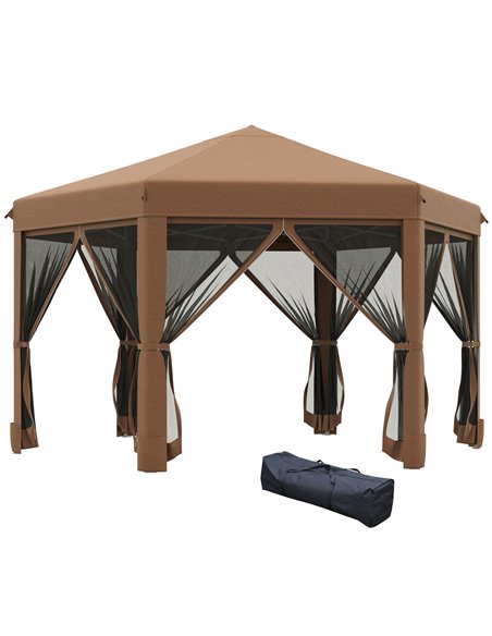Outsunny 3.2x3.8m Pop Up Gazebo, Hexagonal Canopy Tent with Mesh Sidewalls, Handy Bag, Brown - pic 18997 | FastDaddyshop