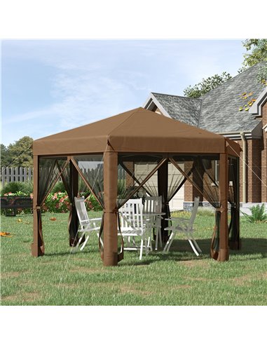 Outsunny 3.2x3.8m Pop Up Gazebo, Hexagonal Canopy Tent with Mesh Sidewalls, Handy Bag, Brown