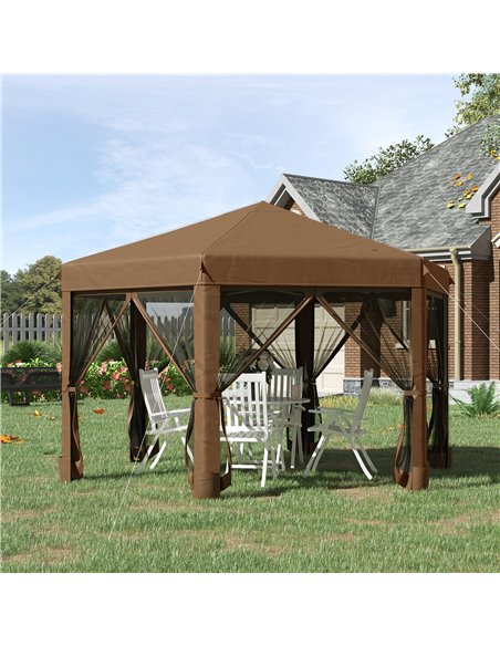 Outsunny 3.2x3.8m Pop Up Gazebo, Hexagonal Canopy Tent with Mesh Sidewalls, Handy Bag, Brown - pic 18998 | FastDaddyshop