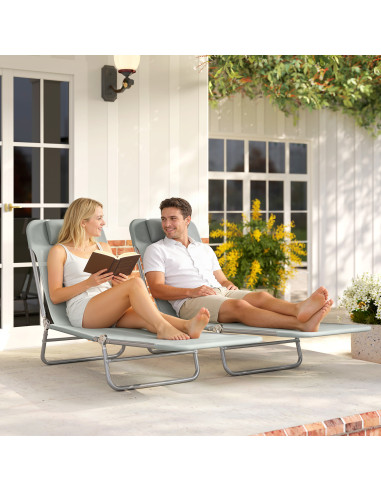 Outsunny Set of Two Steel Frame Sun Loungers, with Reclining Backs - Light Grey