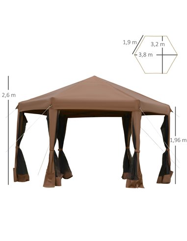 Outsunny 3.2x3.8m Pop Up Gazebo, Hexagonal Canopy Tent with Mesh Sidewalls, Handy Bag, Brown