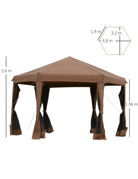 Outsunny 3.2x3.8m Pop Up Gazebo, Hexagonal Canopy Tent with Mesh Sidewalls, Handy Bag, Brown - pic 18999 | FastDaddyshop