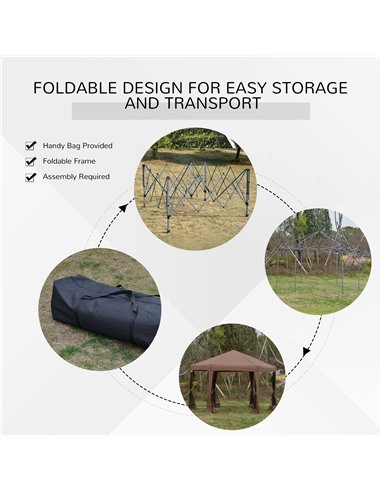 Outsunny 3.2x3.8m Pop Up Gazebo, Hexagonal Canopy Tent with Mesh Sidewalls, Handy Bag, Brown