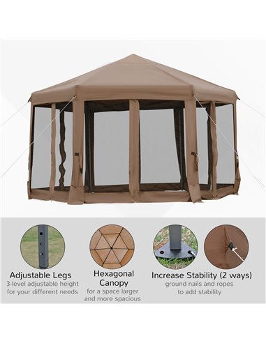 Outsunny 3.2m Pop Up Gazebo Hexagonal Canopy Tent Outdoor Sun Protection with Mesh Sidewalls, Handy Bag, Brown