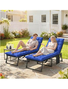 Outsunny Folding Sun Loungers for Garden Set of 2, 5-Position Oversized Camping Bed Recliner with Cushions, Blue 2