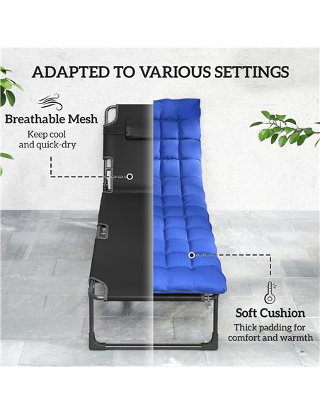 Outsunny Folding Sun Loungers for Garden Set of 2, 5-Position Oversized Camping Bed Recliner with Cushions, Blue - pic 190016 | FastDaddyshop