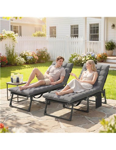 Outsunny Folding Sun Loungers for Garden Set of 2, 5-Position Oversized Camping Bed Recliner with Cushions, Dark Grey