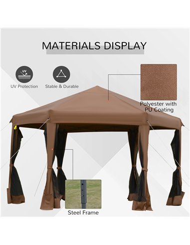 Outsunny 3.2m Pop Up Gazebo Hexagonal Canopy Tent Outdoor Sun Protection with Mesh Sidewalls, Handy Bag, Brown