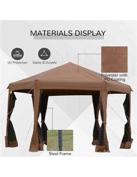 Outsunny 3.2m Pop Up Gazebo Hexagonal Canopy Tent Outdoor Sun Protection with Mesh Sidewalls, Handy Bag, Brown - pic 19003 | FastDaddyshop