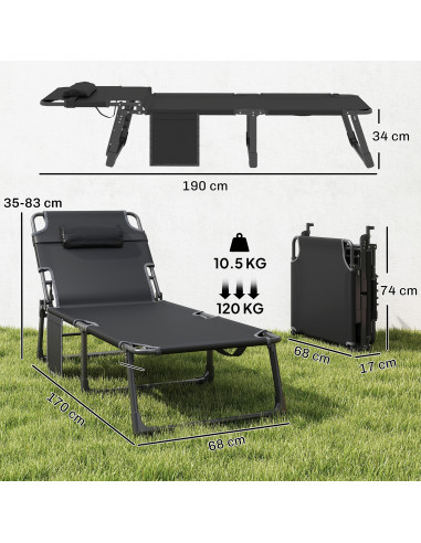 Outsunny Folding Sun Lounger for Garden, 5-Position Oversized Camping Bed Recliner with Cushions, Blue