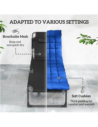 Outsunny Folding Sun Lounger for Garden, 5-Position Oversized Camping Bed Recliner with Cushions, Blue