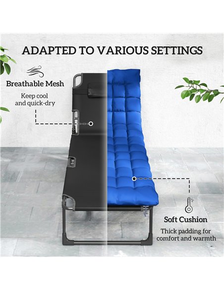 Outsunny Folding Sun Lounger for Garden, 5-Position Oversized Camping Bed Recliner with Cushions, Blue - pic 190034 | FastDaddyshop